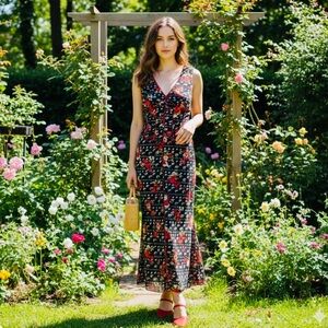 Floral Sleeveless Dress - Black and Red